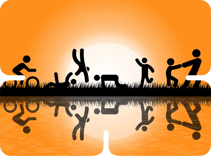 Silhouette of children playing in a park at sunset, reflecting in the water, representing an NGO community program.