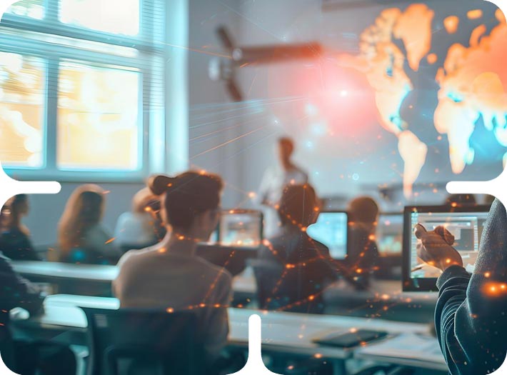 Students in a modern, tech-enabled classroom watching a global education presentation with digital overlay graphics.