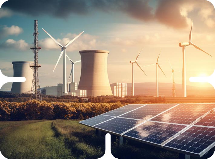 Solar panels, wind turbines, and nuclear cooling towers under a sunset sky showcasing sustainable energy infrastructure.