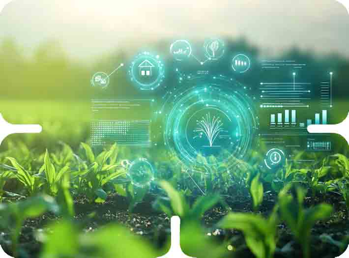 Digital farming adoption interface overlaying a vibrant green crop field representing smart agrotech.