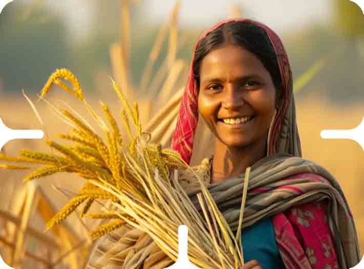 Smiling Indian woman farmer holding a bundle of harvested golden wheat crops in a sunny rural field, symbolizing farmer empowerment.