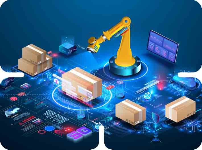 Robotic arm scanning packages on a digital futuristic grid, symbolizing supply chain transformation.