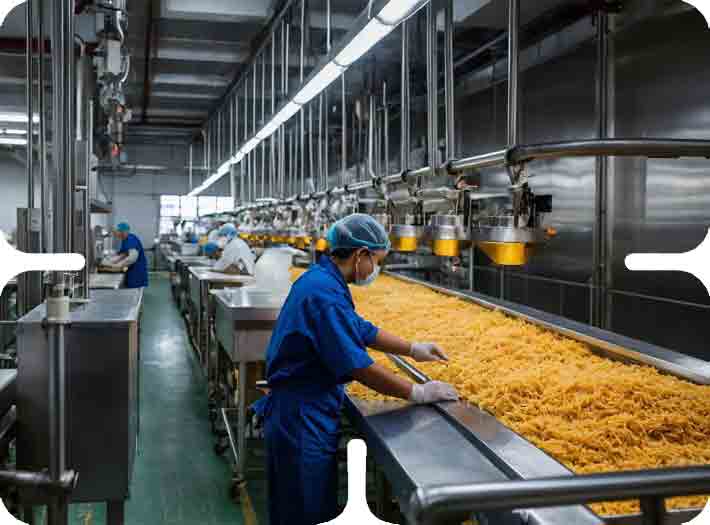 Factory workers in blue uniforms processing food on a large, clean automated conveyor belt line.