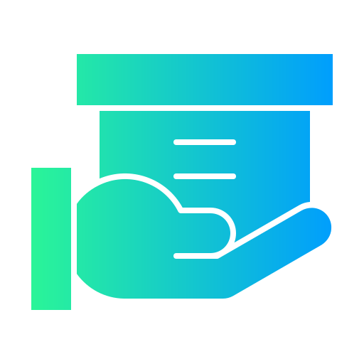 Green and blue gradient icon of a hand holding a shipping box, representing safe delivery and logistics services.