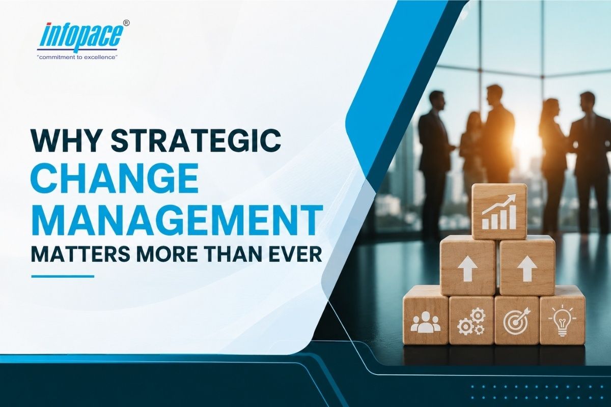 Infopace banner on why strategic change management matters, featuring business professionals and growth icon wooden blocks.